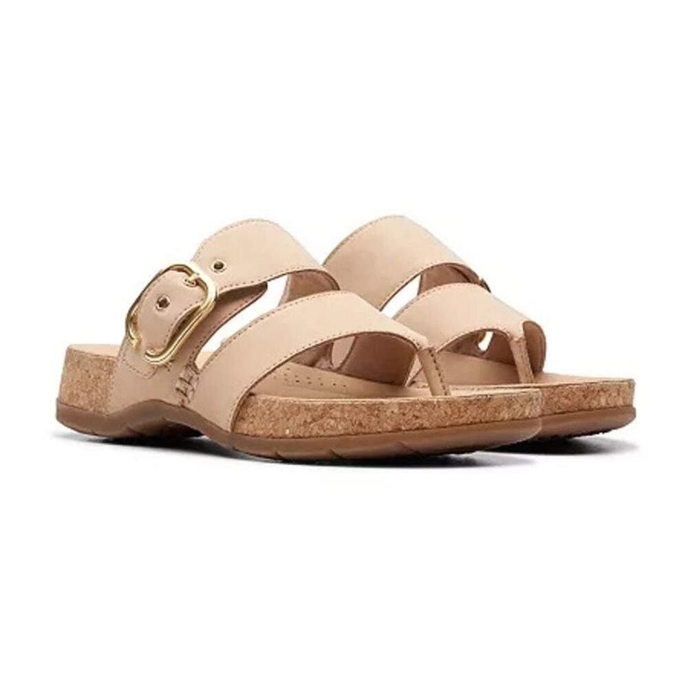Women’s Beige Cork Footbed Slide Sandals with Gold Buckle